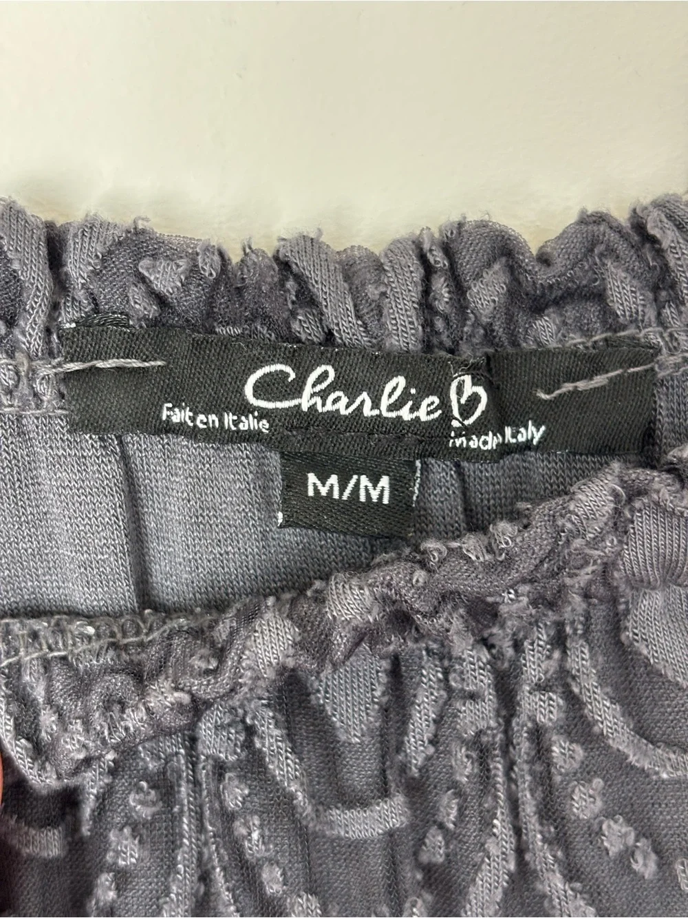 CHARLIE B Lace Off-Shoulder Peasant Blouse in Charcoal Gray Women's Medium - Picture 3 of 11